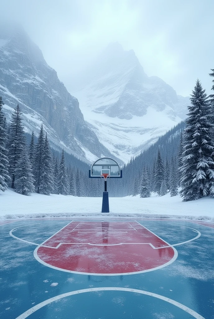 A basketball court at the North Pole with icy mountains in the background and trees all around. An NBA-style court in the middle of a frozen region., the court appears to be unaffected by the freezing weather around it and as if it were well maintained