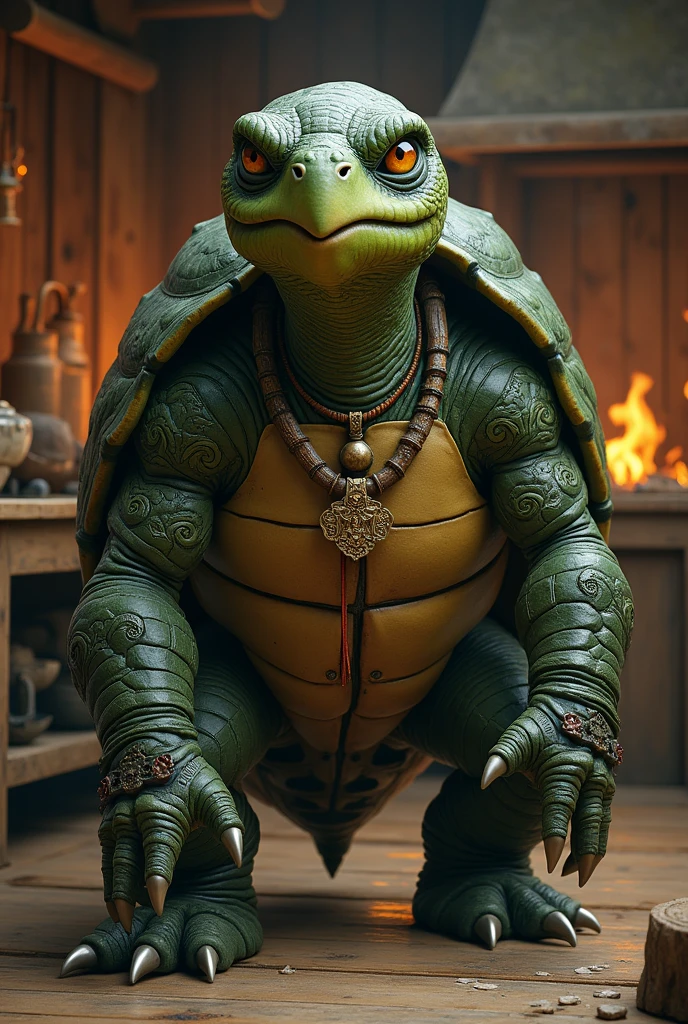 Oren is a bipedal turtle about 6 feet tall. His dark green shell is adorned with intricate, slightly shiny patterns, reflecting a polished and dignified appearance. His head is large and rounded, with deep-set, golden eyes that convey wisdom. His beak is sturdy and curved.

Oren's legs are strong and muscular, with sharp, well-groomed claws. His skin is olive green or dark brown, ranging from rough to smooth. He wears an earthy robe with subtle embroidery and may wear a necklace or amulets of special significance. His posture is upright and dignified, moving with a calm and precision that reflects his experience and wisdom.

manga cover style, the background is a wooden kitchen with logs burning