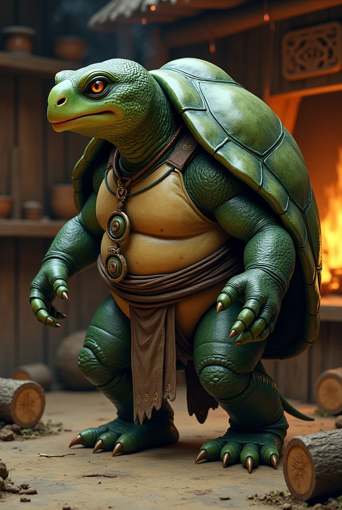 Oren is a bipedal turtle about 6 feet tall. His dark green shell is adorned with intricate, slightly shiny patterns, reflecting a polished and dignified appearance. His head is large and rounded, with deep-set, golden eyes that convey wisdom. His beak is sturdy and curved.
Oren's legs are strong and muscular, with sharp, well-groomed claws. His skin is olive green or dark brown, ranging from rough to smooth. He wears an earthy robe with subtle embroidery and may wear a necklace or amulets of special significance. His posture is upright and dignified, moving with a calm and precision that reflects his experience and wisdom.
manga cover style, the background is a wooden kitchen with logs burning