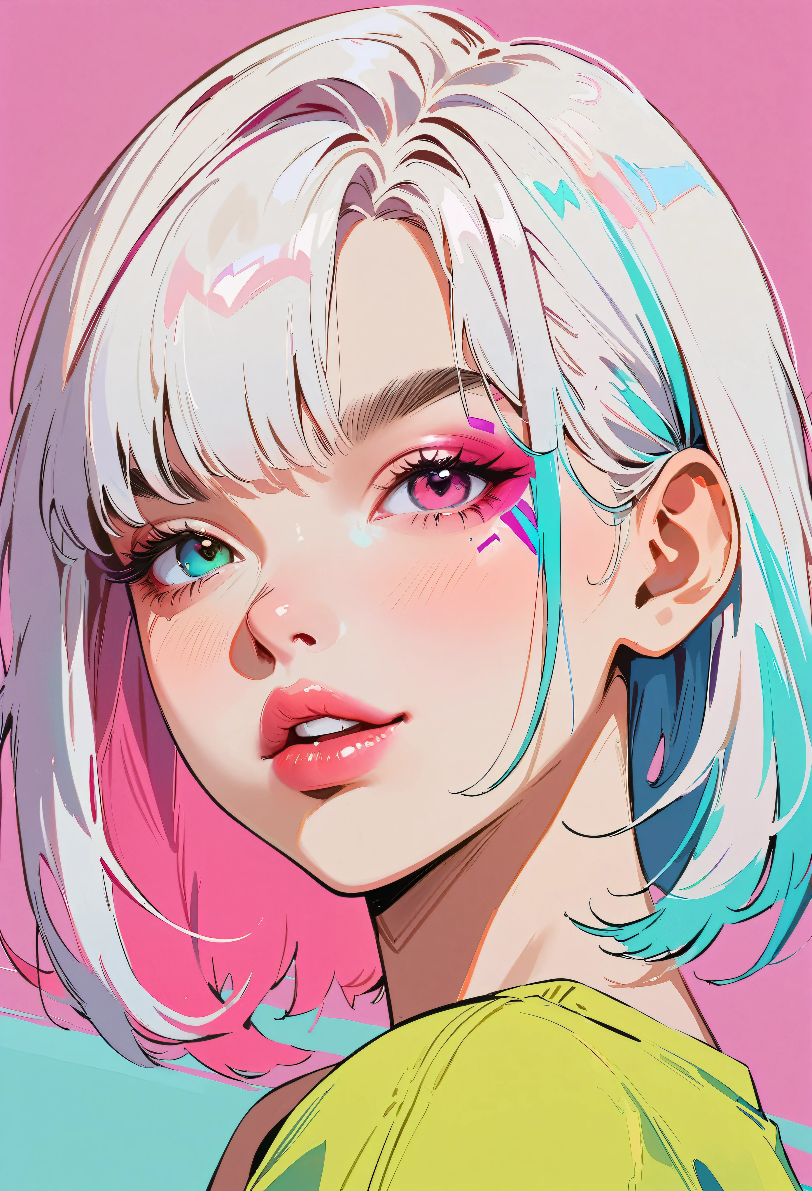 (masterpiece, best quality:1.2), 1 girl, solo, Anime style, Heterochromia, Grin, Pink lips, Cyberpunk style makeup, Short hair in different colors, Long bangs on one side, Purple and pink background.
