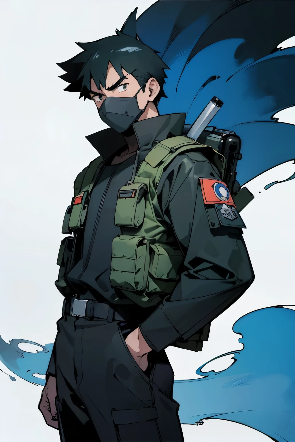 by Ken Sugimori, sugimori 1990s, ((only 1man)),  adult, camoflauge uniform, backpacker, survivalist, bullet proof vest, scowling, helmet, misty wisps in the background, supernatural, ninja weapons, mask ((hands behind their back)), full black pupils, manga, best quality, highly detailed, clean lines, cowboy shot, good hands, good eyes, hd, 8k, professional, symmetrical, hires, 8k,