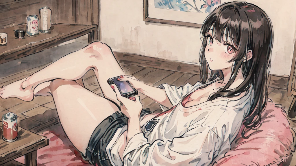 watercolor:1.2), watercolor, One Girl, alone, Long Hair, Black Hair, 現代風の部屋にaloneいる, profile, A beer can on the table、Painting \(Moderate\), White T-shirt,Shorts, From the side, Sitting on the sofa and looking at the smartphone screen, Cowboy Shot, Brown eyes, bangs, chest, Pink Nails、relax、Watch movies on your smartphone、seems to be happy