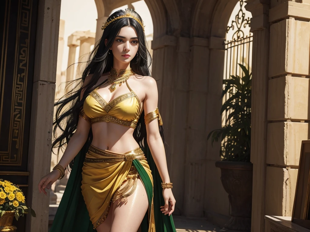 (A beautiful 25 years old female greek maiden), (long black hair), (pale skin), (detailed sweaty appearance), (serious face), (wearing yellow green colored revealing greek maiden outfit revealing thighs and coming out boobs with golden jeweleries), view from front, waist up shot, dynamic pose, ambient lighting, photo realism, intricate face detail, intricate hand details, highly detailed, vibrant colors, cinematic, high definition, trending on Artstation--style raw