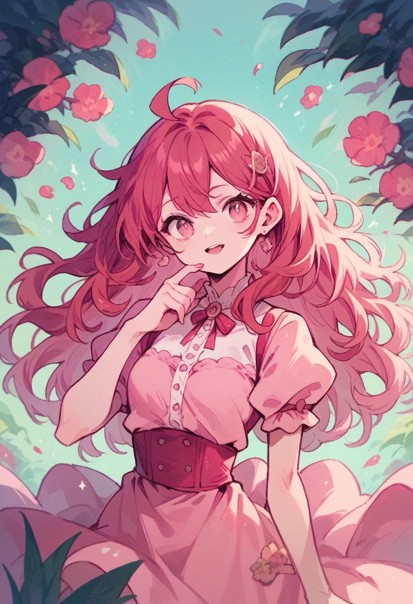 long red hair , pink riibbon,pink dress,pink eye