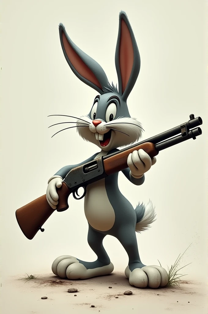 When I was skinny, no one spoke to me. Now I'm a monster. Neither. Create an image of Bugs Bunny with a shotgun saying that.