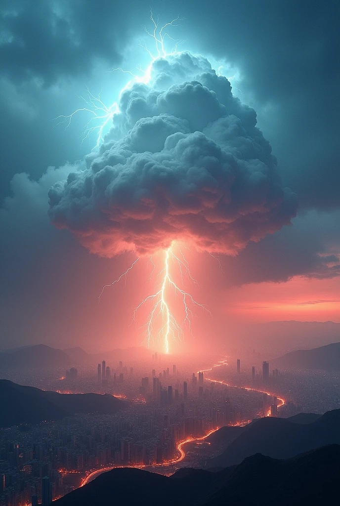Giant cloud surrounded by waves of power, electrifying like lightning full of electric waves which descends towards an earthly city. filling the background with light blue, with red, and sunset colors