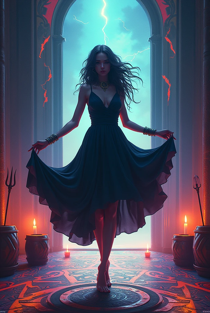 .digital picture, shadow of a woman, wavyhair, Fluttering, in his right hand he holds a key, on the left lifts her skirt, mirror, wristbands, collars, long round skirt, vibrant colorful, dancing barefoot, on a floor with mystical designs,drums, around it elements such as candles, chave, mirror, trident, razor, lightning strike, arrow, all around frame of strong colors, logo for a company
