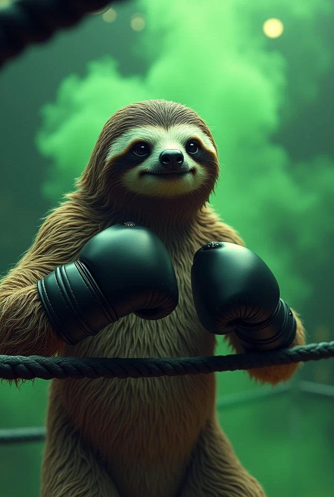 Create an image of a boxing sloth with black gloves and white, above the ring, the ring that is black with animated green smoke