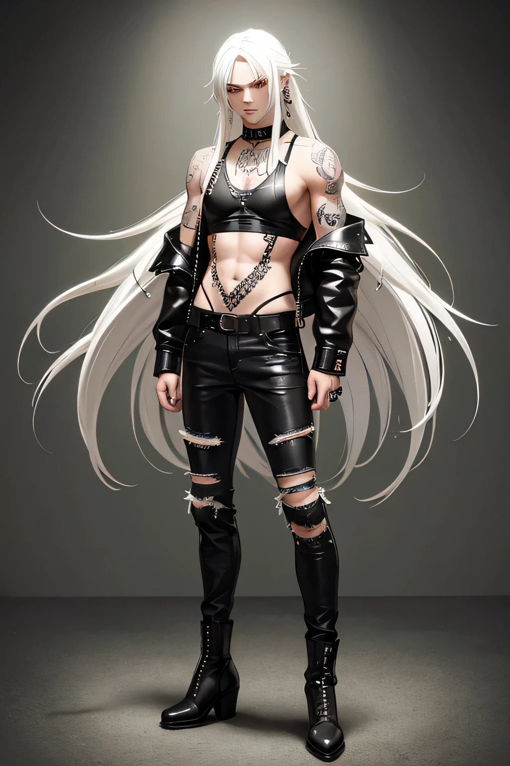 naughty man, a little strong, long white hair, yellow  eyes, , with piercings and tattoos, photo by full body, wearing leather jacket,black tank top, dark jeans and boots, standing with hand in hair