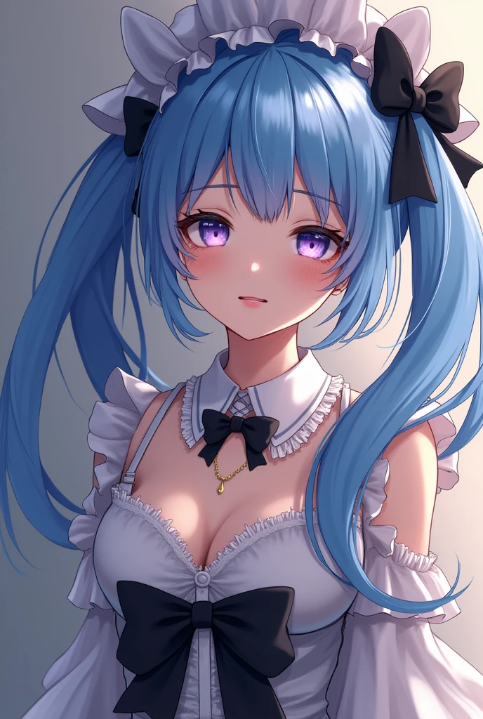 Japanese, Realistic, artwork, final detail, photo Realistic, intricate detail, octane rendering, 8K, 2 girls, full body, perfect face, pretty face, detailed sweaty armpits, reference, hair detail, black bow, black gloves, black legs, blue eyes, blue hair, bow, collarbone, dress, sticking hair, ruffles, ruffles, gloves, headdress, high resolution, long hair, parted lips, puffed sleeves, purple eyes, smile, white transparent tanktop, oily skin, detailed hairy skin