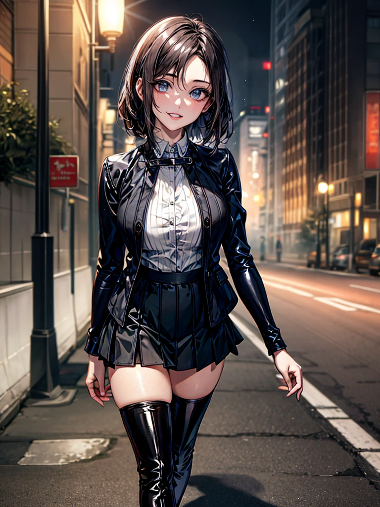 (Biologically correct limb count),  (Masterpiece, Highest quality, Highest quality, 8k:1.2) ,Detailed eye depiction, Full body, including face, Focus on the face, Well-proportioned facial features, Beautiful woman, (Latex shirt, Black jacket, Black tight skirt), (Grin), looking at the camera, walking, (Thigh-high boots), (Thick fog all around, Street lights in the morning mist), Two women with short hair and vertical curls