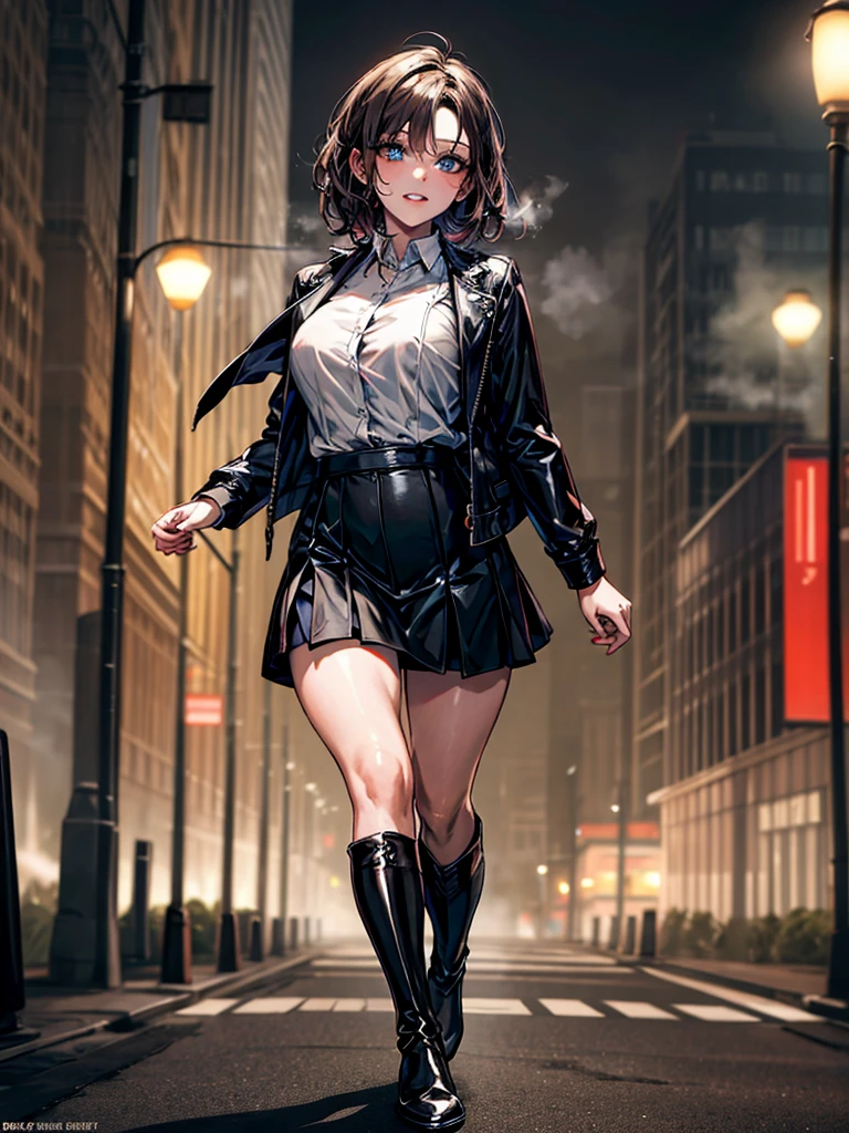 (Biologically correct limb count),  (Masterpiece, Highest quality, Highest quality, 8k:1.2) ,Detailed eye depiction, Full body, including face, Focus on the face, Well-proportioned facial features, Beautiful woman, (Latex shirt, Black jacket, Black tight skirt), (Grin), looking at the camera, walking, (Thigh-high boots), (Thick fog all around, Street lights in the morning mist), Two women with short hair and vertical curls