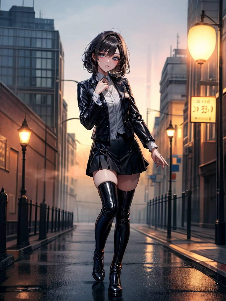 (Biologically correct limb count),  (Masterpiece, Highest quality, Highest quality, 8k:1.2) ,Detailed eye depiction, Full body, including face, Focus on the face, Well-proportioned facial features, Beautiful woman, (Latex shirt, Black jacket, Black tight skirt), (Grin), looking at the camera, walking, (Thigh-high boots), (Thick fog all around, Street lights in the morning mist), Two women with short hair and vertical curls