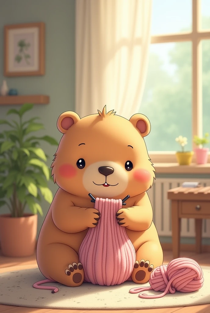 A picture of a Kawai capybara knitting a capybara not a hamster