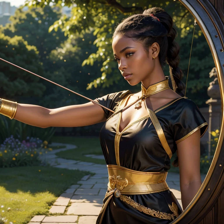 (masterpiece, best quality:1.5), highest quality, High resolution, super detailed, Realists, Upper body photo of a black female archer, black skin, detailed and beautiful eyes, beautiful detailed lips, very detailed eyes and face, longeyelashes, Archer in dress made of golden shiny satin, Simple details in the fabric. Beautiful and colorful makeup, ponytail hairstyle, Gardens as background, bright daylight, bright colors, fine brushstrokes, Portrait style, beautiful color palette, glowing skin, First-class rendering, that captures every detail, enchanting atmosphere, (perfect anatomy:1.2), (The stunning archer holds a bow. (magnificent panorama view:1.2)