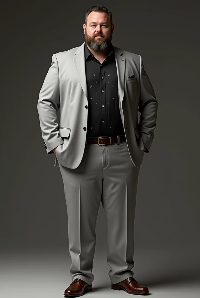 I have a black shirt with very very small pink dots and I want to combine it with a formal light grey suit, a jacket and light grey formal trousers and elegant brown shoes., The shirt has a black and white line with a design similar to flowers but that is hidden when pointed at, create an image with that description, It is for a person a little fat man not much, He doesn't look obese, just overweight, he weighs 90 kilos and is 1..72 cm, black shirt with very very small pink dots and has a beard, The dots are pink but very very small , a little thinner