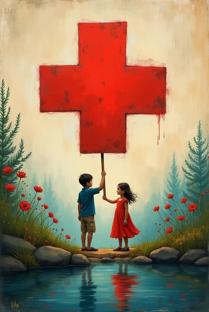 an image representing the red cross, but that represents its principles that there is a child being saved and a habitat or a beautiful environment, Respect for the lives of people and something that also represents the phrase Be the change you want to see in the world. THE IMAGE MUST BE REPRESENTED AS IF IT WERE A PAINTING ON A CANVAS.