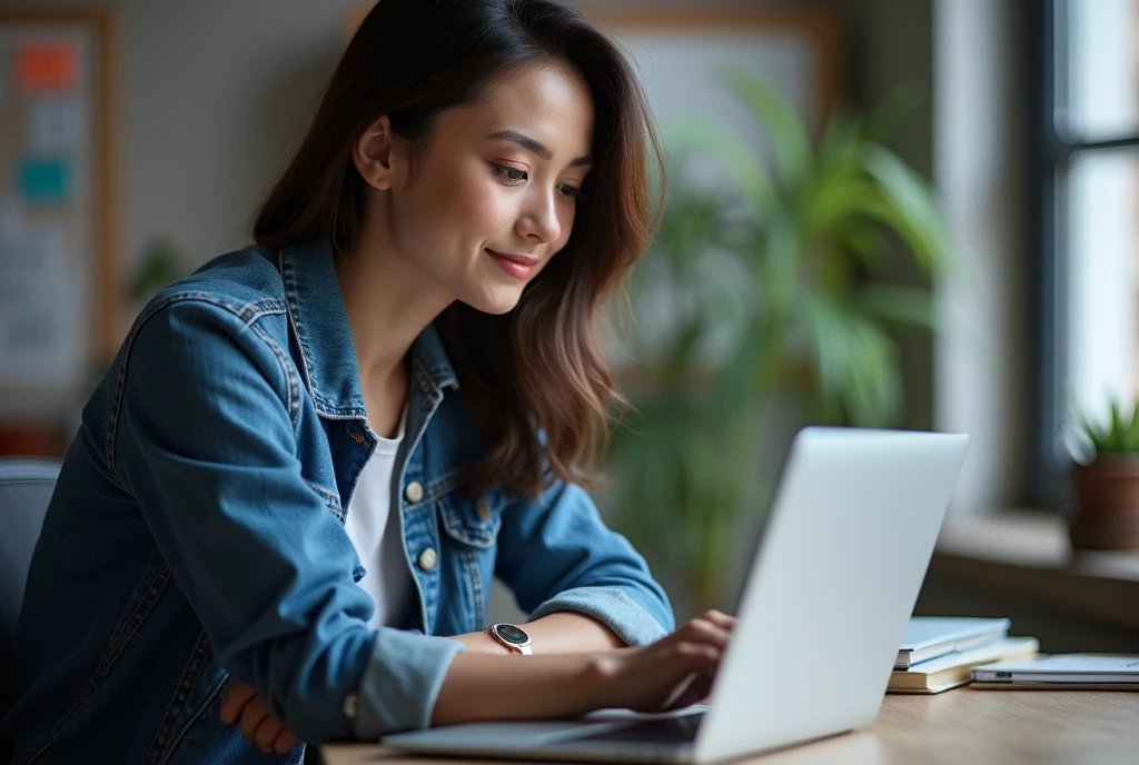 Banner in which a person consults a laptop. The image must have dimension: 1075px x 600 px