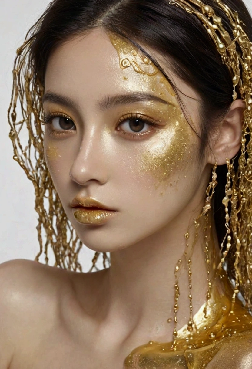 Young Amazon pale white skin, perfect, gold spots, liquid metal, ((molten gold slime girl)), ((subtly covering her crotch)), (build)), tatuajes varios de diseños intrincados usa joyería con piedras preciosas su cuerpo es perfecto en forma de reloj de arena bien tornea y tonificado semi musculoso senos medianos firmes piel perfect su rostro es hermoso como una diosa sus ojos rasgados perfectos color azul hielo brillante sumamente expresivos sensuales que enamoran a quien los vea en el fondo se ve la selva cubriendo una ciudad futurista ella es una diosa en su máxima expresión