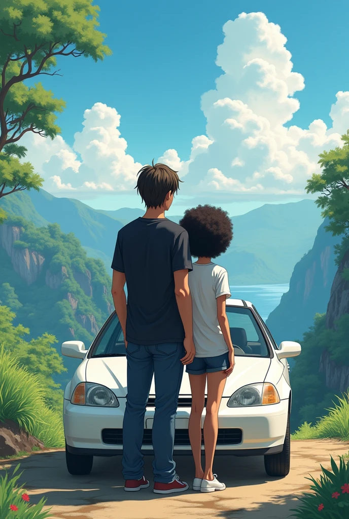 Couple leaning against a white 1995 Honda Civic coupe, envisioning a beautiful landscape. The husband is white, has 1.73 tall and weighs 63kg. He has straight, dark brown hair., light brown eyes and black loose shirt. The woman is black, has 1.59 tall and weighs 46kg. Ela tem black power. Japanese anime style photo. The woman is black!!! The woman is black with curly hair 