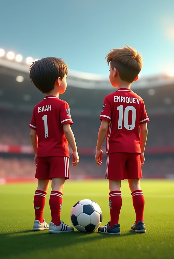 two brothers, one is  and the other 12, They are standing in the middle of a soccer field, one is a goalkeeper and the other a forward, both wear the uniform of the Liverpool club from England.
One is white skin, short straight hair, He has a soccer goalkeeper&#39;s uniform with the number 1 on his back, it says ISAIAH V.
The other is light brown skin with straight hair., He has a football uniform with the number 10 on the back and says ENRIQUE V.
They both have the same height.
There&#39;s a ball in the middle of it 
