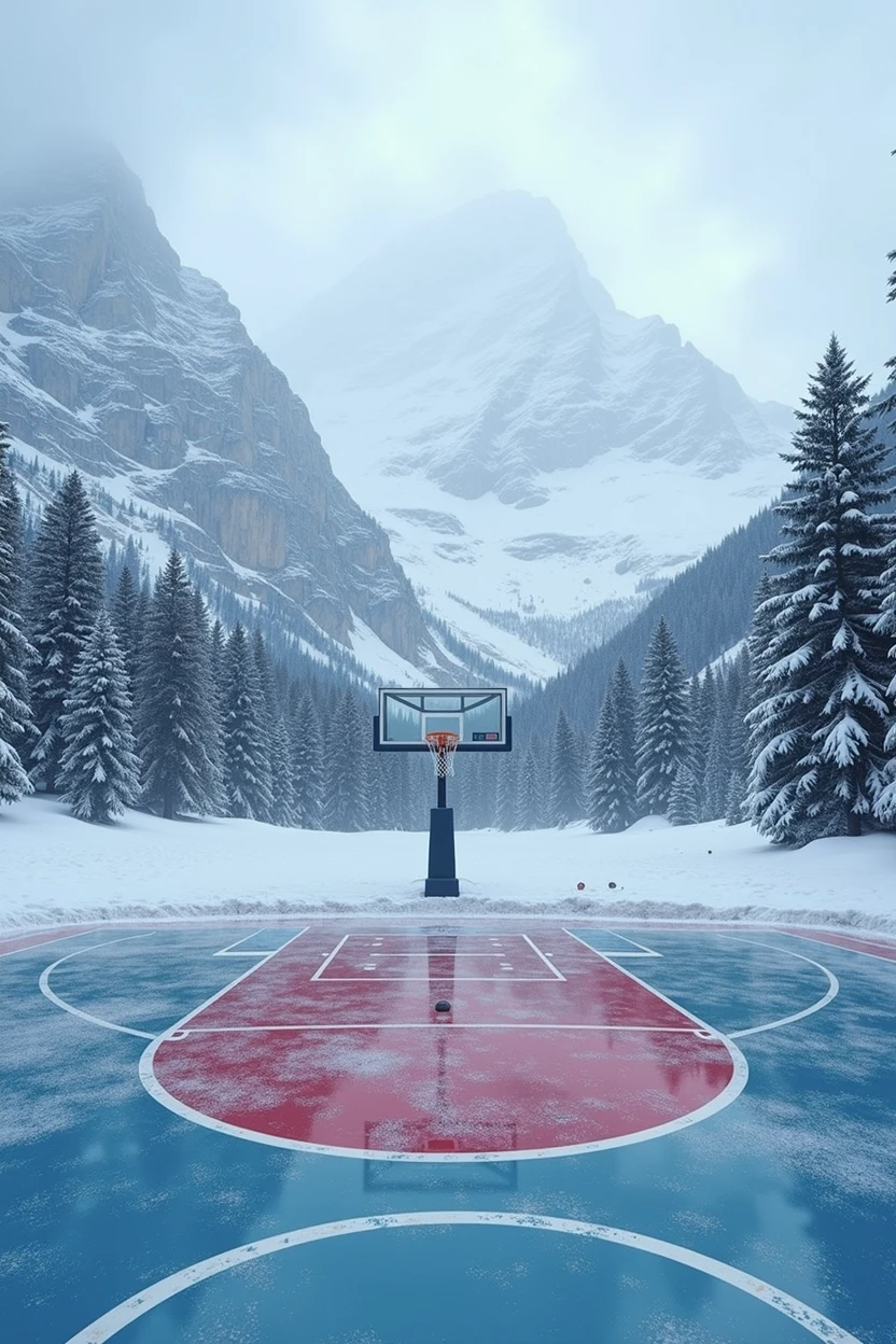 A basketball court at the North Pole with icy mountains in the background and trees all around. An NBA-style court in the middle of a frozen region., the court appears to be unaffected by the freezing weather around it and as if it were well maintained
