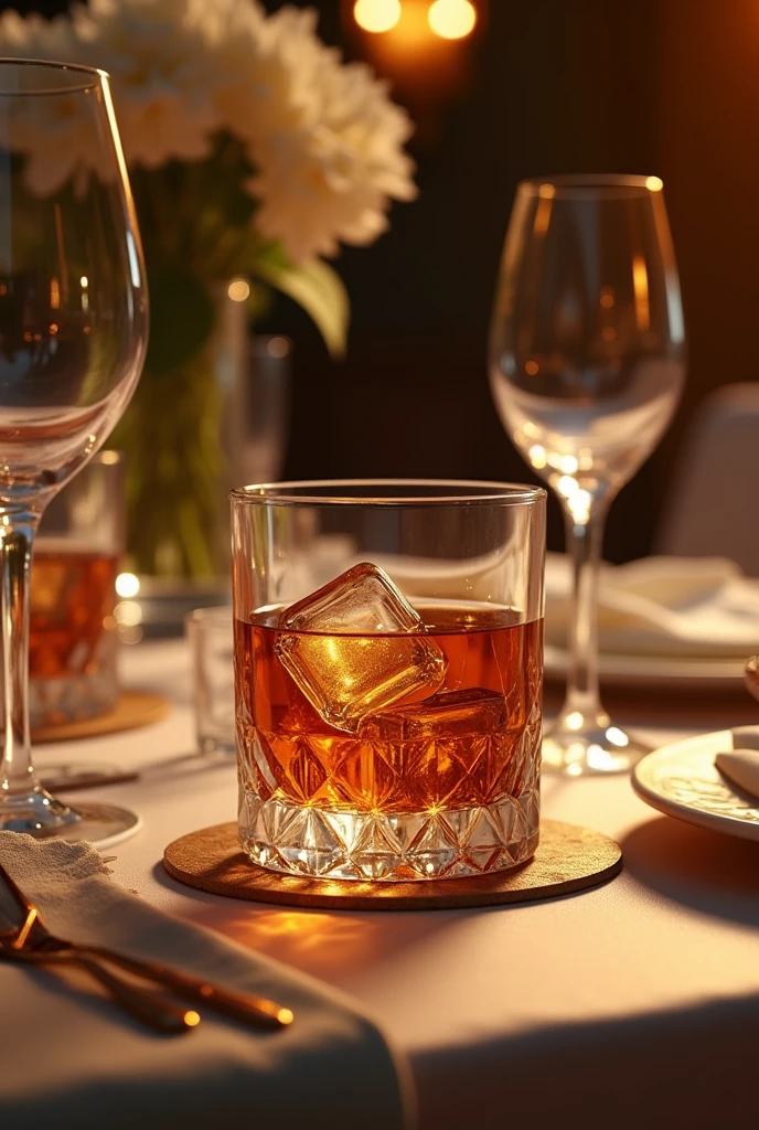 A glass of cognac with ice on an elegant table at a social event