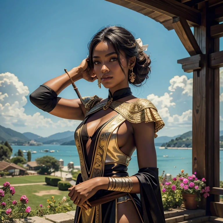 (​masterpiece, best quality:1.5), highest quality, High resolution, super detailed, Realists, Upper body photo of a black female archer, black skin, detailed and beautiful eyes, beautiful detailed lips, very detailed eyes and face, longeyelashes, Archer in shiny satin dress, Simple details in the fabric. Beautiful and colorful makeup, open hair, Gardens as background, bright daylight, bright colors, fine brushstrokes, Portrait style, beautiful color palette, glowing skin, First-class rendering, that captures every detail, enchanting atmosphere, (perfect anatomy:1.2), (The stunning archer holds a bow.  (magnificent panorama view:1.2)