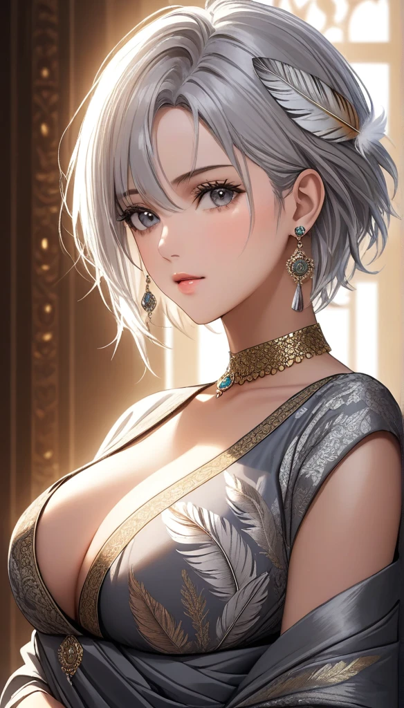 A beautiful woman with short white messy hair, grey eyes, wearing an ornate designer saree, extremely detailed hair, extremely detailed eyes, extremely detailed body, (best quality,4k,8k,highres,masterpiece:1.2),ultra-detailed,(realistic,photorealistic,photo-realistic:1.37),detailed bird feather earrings, saggy breasts, elegant, intricate, cinematic lighting
