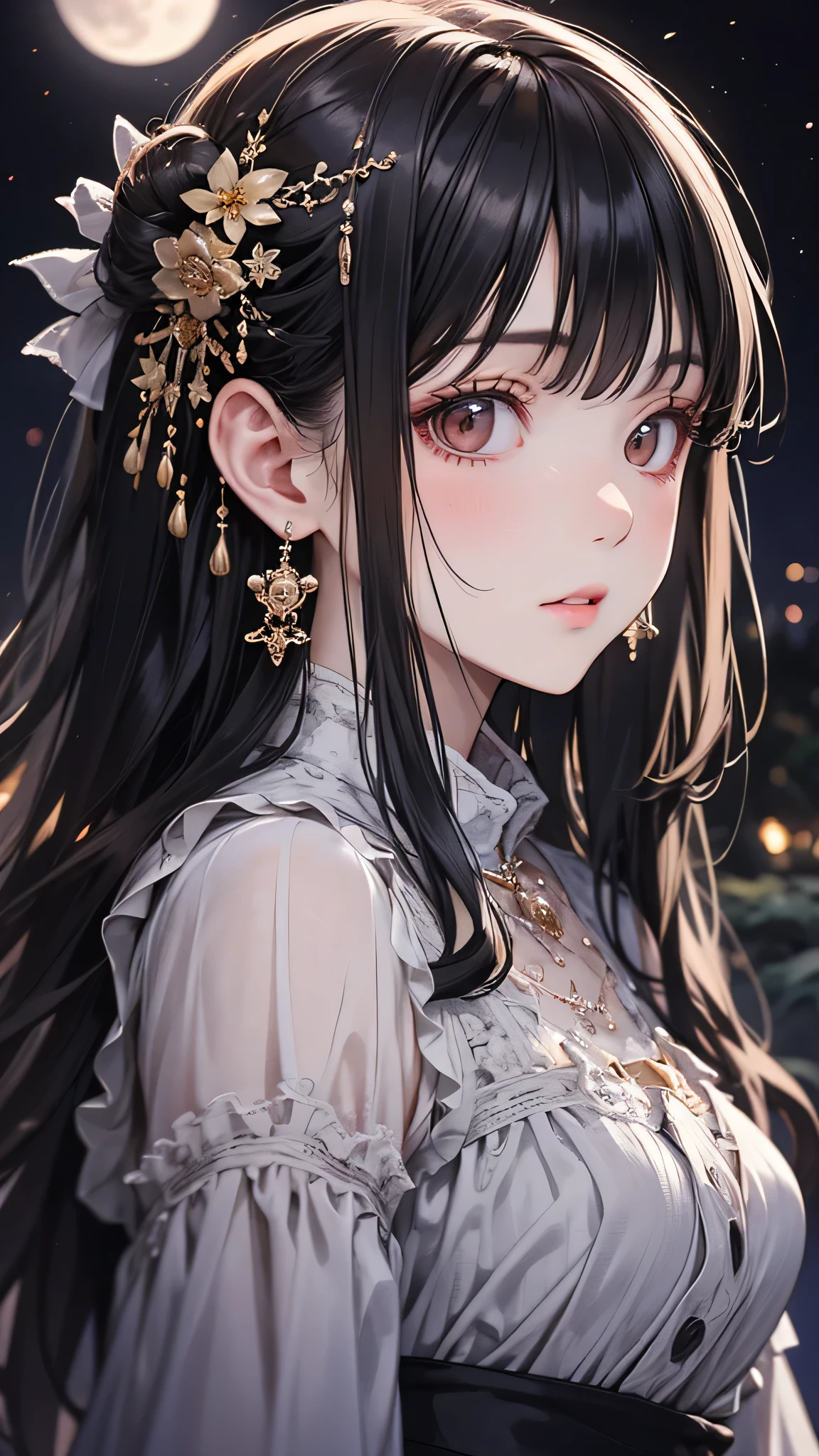A dark-haired girl walking through a castle garden on a full moon night,(Beautifully detailed face),