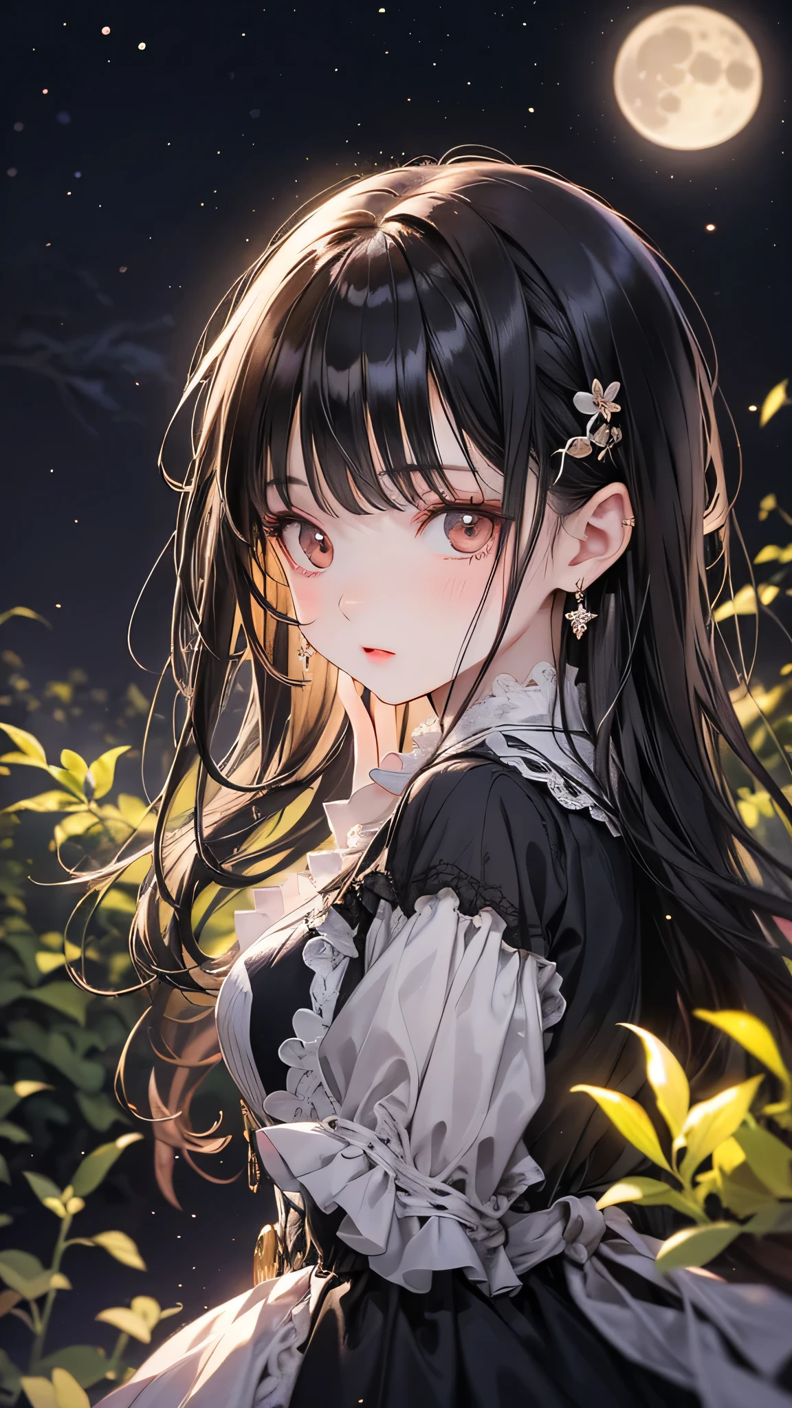 A dark-haired girl walking through a castle garden on a full moon night,(Beautifully detailed face),