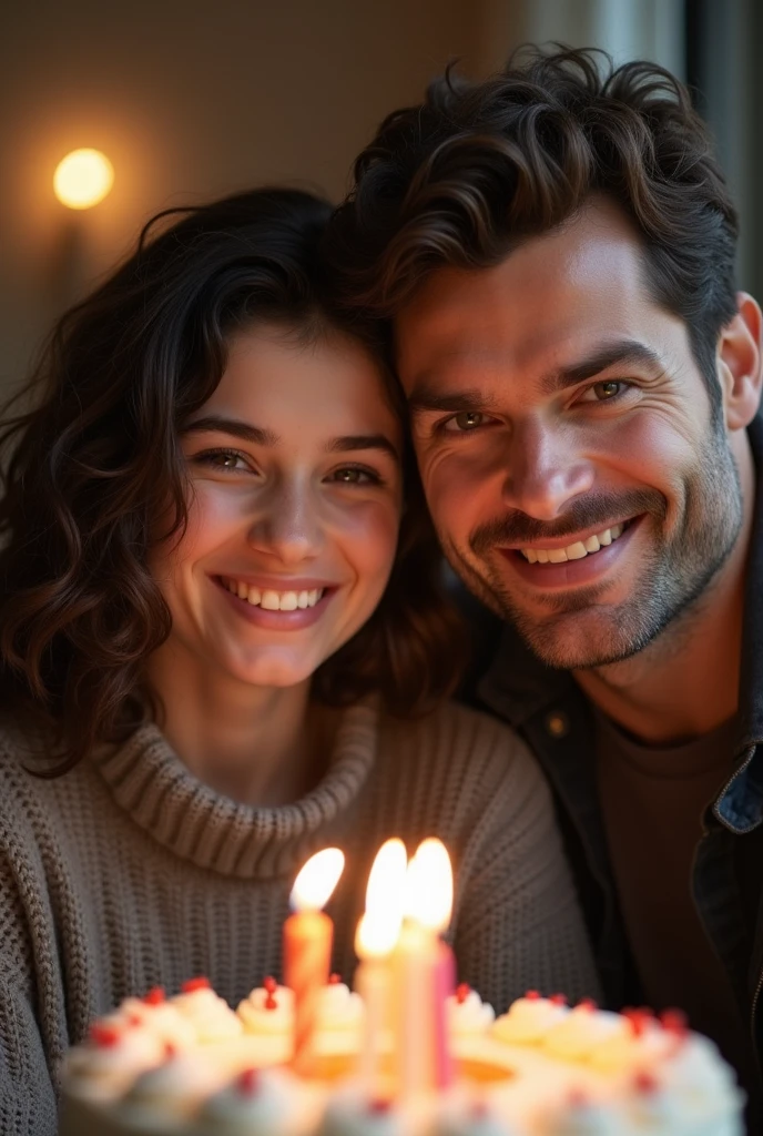 With AI, take a photo of two people with features of Henry Cavill and Negin Mirsalehi, she has brown hair. And with their children, A -year-boy w black hair down to his forehead., celebrating his birthday