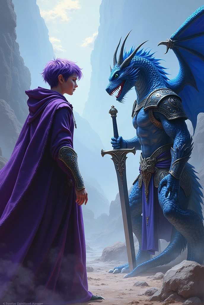 A wizard with short purple hair facing a red half-dragon in blue and silver armor with a greatsword