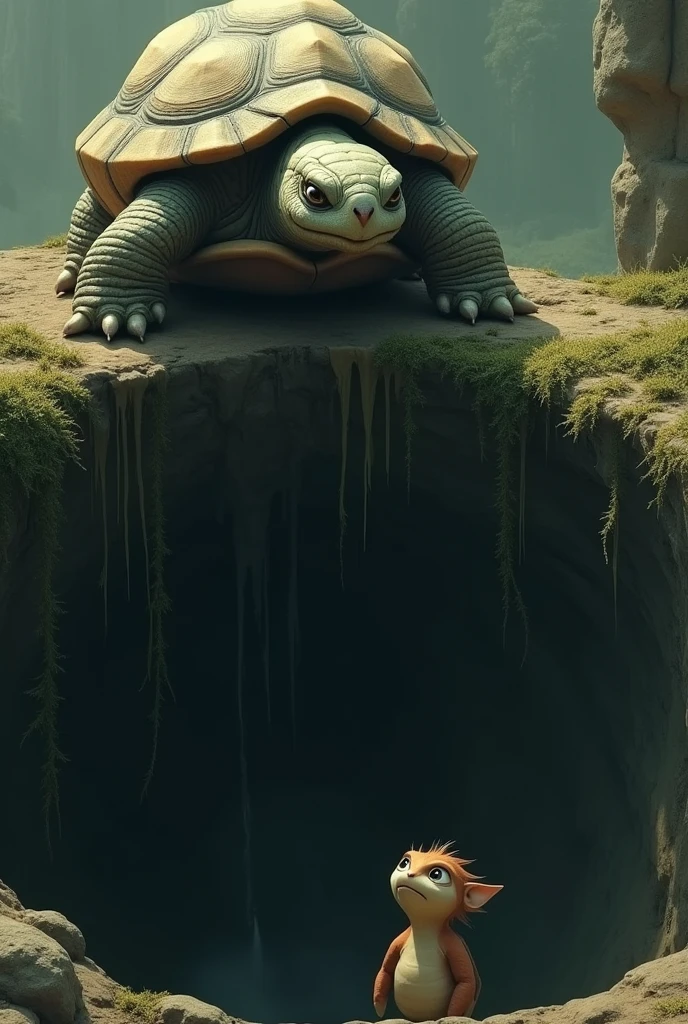 Outside the pit, a wise, slow-moving turtle named Dheeru arrives. The turtle peers down into the pit with a calm and thoughtful expression, as Kunchu looks up with a mix of hope and anxiety."