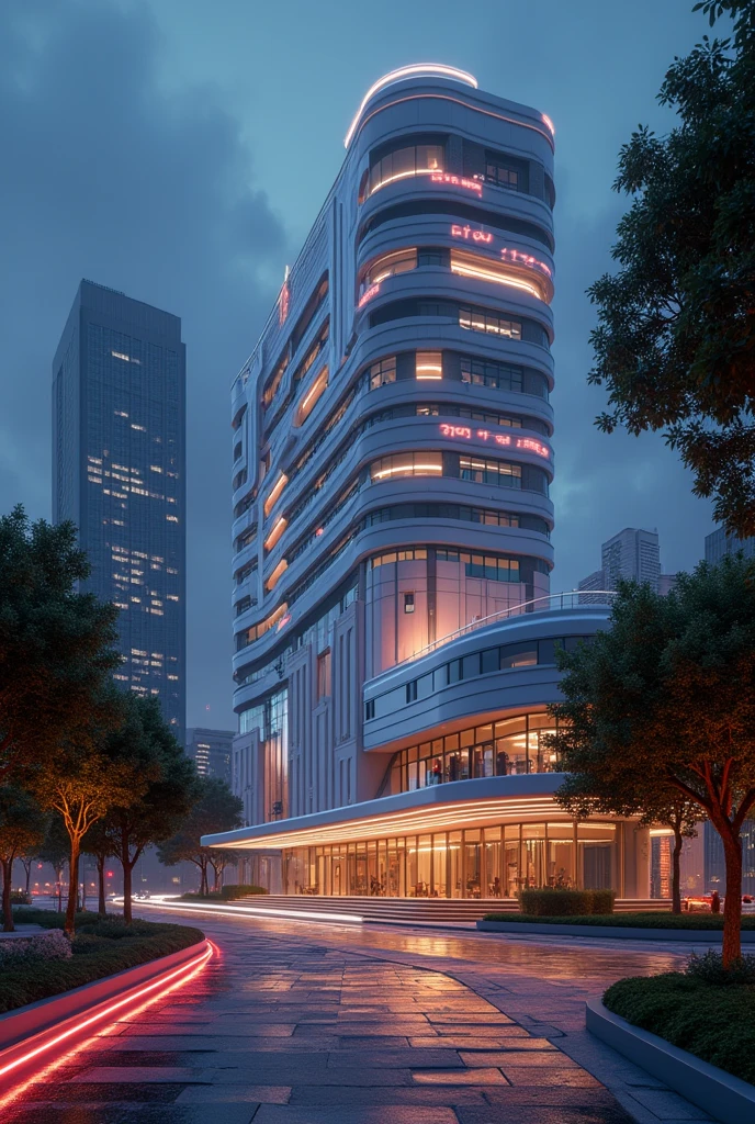 City hall, city view ,art deco design，streamline moderne，futuristic architecture, Abstraction，modern style，Luxury and Luxury，Future night view，Futuristic decorative elements，Metallic，number line，sci-fi lamp，Virtual Engine，Unreal rendering, neon lights, greenery, bike lanes, wide sidewalks
