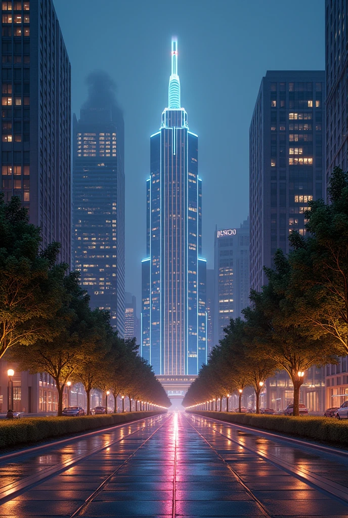 City hall, city view ,art deco design,streamline moderne,futuristic architecture, Abstraction,modern style,Luxury and Luxury,Future night view,Futuristic decorative elements,Metallic,number line,sci-fi lamp,Virtual Engine,Unreal rendering, neon lights, greenery, bike lanes, wide sidewalks