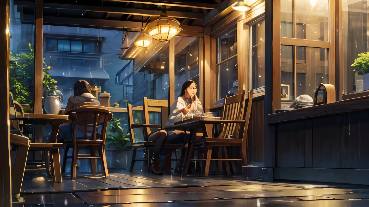 On a rainy afternoon, you enter a charming little cafe, with wooden furniture and a cozy atmosphere. The smell of fresh coffee mixes with the soft sound of rain falling on the window. You settle in with an old book and a steaming cup of coffee..
While reading and observing passers-by on the street, each with its own story, you reflect on your own life. The combination of the peaceful environment and introspection leads you to discover more about yourself and your aspirations., in a setting that is calming and nostalgic, typical of lo-fi style.