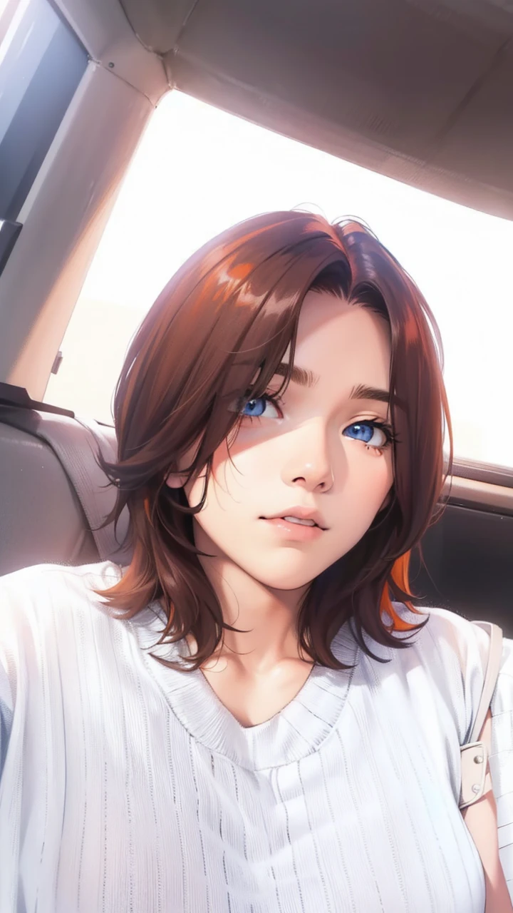 has orange hair and eyes , sky blue shirt