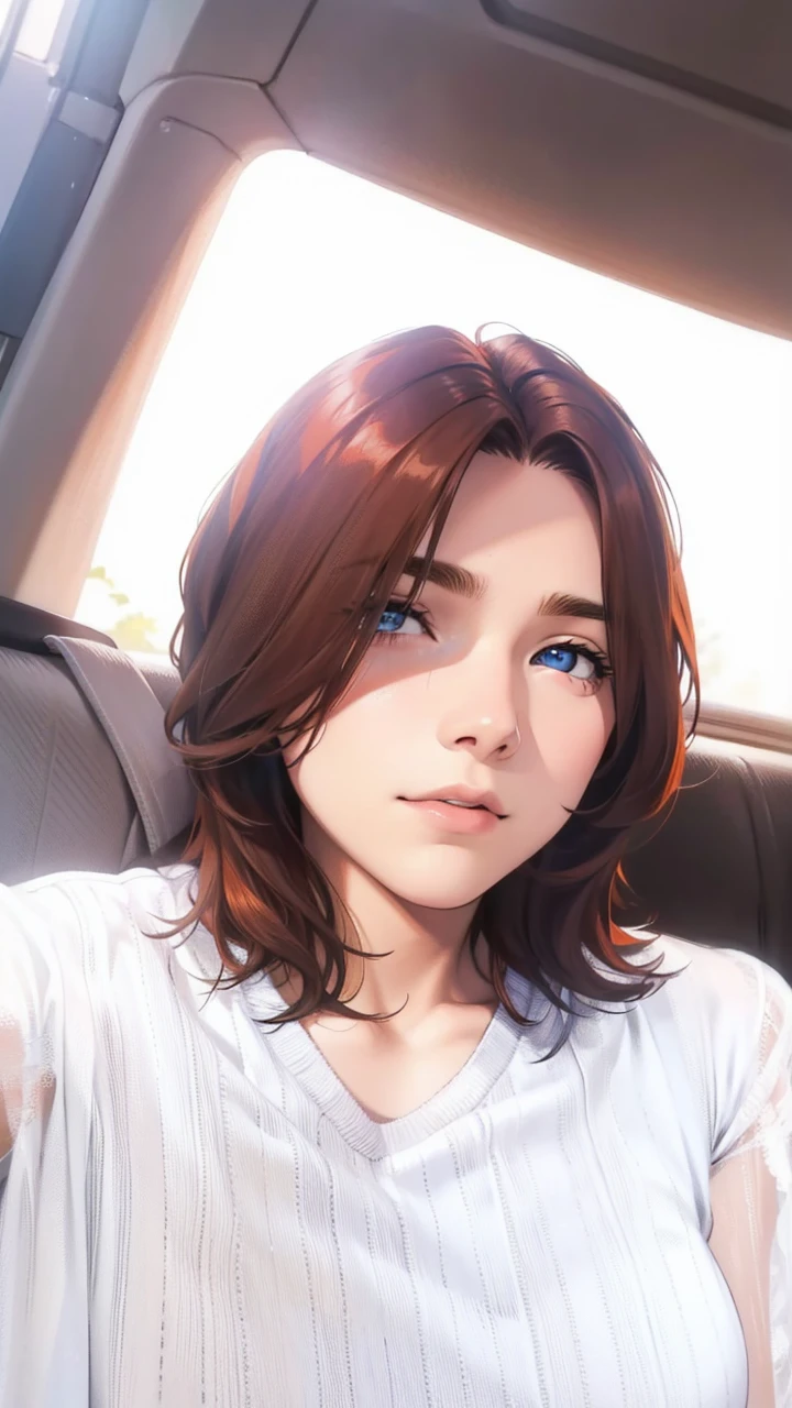 has orange hair and eyes , sky blue shirt