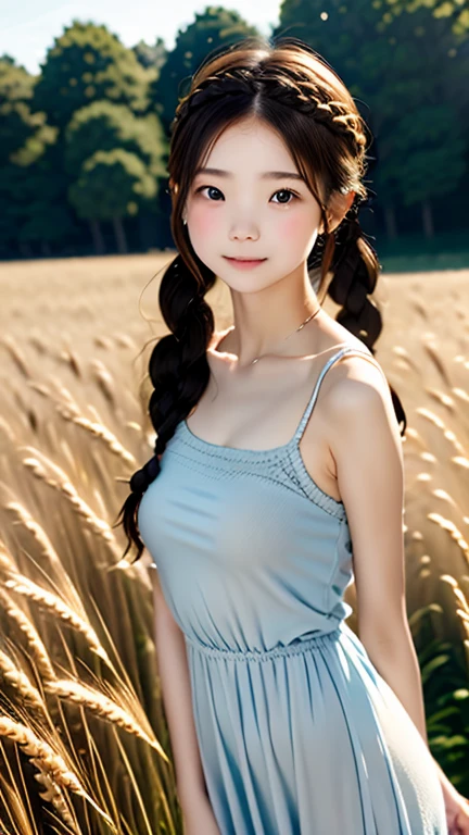 one woman、cute face、Rin々new expression、Japanese、charming eyes、Cream hair、french braid、、gray eyes、camisole dress、blue outerwear、outdoor、Rinとした佇まい、Wheat field,((小さい胸)),(痩せている),(細い腰),