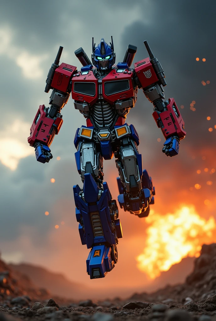 Optimus Prime, robot warrior, leaping against dark cloudy sky, intense battle background, dynamic explosion effects, cinematic lighting, highly detailed, 8K, (best quality,4k,8k,highres,masterpiece:1.2),ultra-detailed,(realistic,photorealistic,photo-realistic:1.37),epic action scene,dramatic pose,intricate mechanical design,glowing energy,sparks,dust,devastation,cinematic angle,dramatic lighting. Bazooka. Jetpack