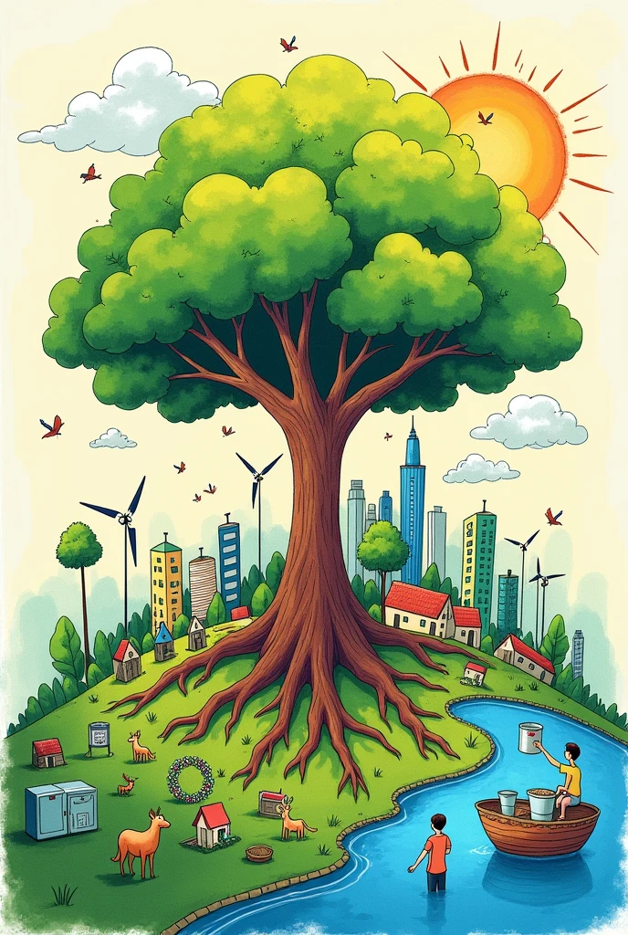 That's exciting! These are all great topics related to sustainability and environmental conservation. To help you prepare for your drawing competition, here are some creative ideas and tips for each of the topics you mentioned:
### 1. **Sustainable is Attainable**
**Concept:** Show a harmonious world where humans and nature coexist peacefully.
- **Idea:** Draw a large tree with its roots spreading out to connect with various sustainable practices, such as wind turbines, solar panels, green buildings, and organic farming. The branches of the tree could symbolize different aspects of a sustainable lifestyle, like recycling, reducing waste, and using renewable energy.
- **Details:** Include diverse elements like clean rivers, wildlife, and communities living in harmony with nature. The sun shining brightly could symbolize hope and a bright future.
### 2. **Water and Energy Conservation**
**Concept:** Illustrate the importance of saving water and energy for future generations.
- **Idea:** Split your drawing into two sections: one side showing wasteful use of water and energy (e.g., dripping taps, lights left on, polluted rivers) and the other side showing conservation efforts (e.g., water-saving devices, energy-efficient homes, rainwater harvesting).
- **Details:** Use contrasting colors to emphasize the difference between wastefulness and conservation. Add elements like a water meter or a person turning off a light switch to show conscious actions that save resources.
### 3. **Solar Energy**
**Concept:** Highlight the power of the sun as a clean and renewable energy source.
- **Idea:** Draw a bright, glowing sun with solar panels absorbing its energy. The panels could be powering various things like homes, schools, and electric vehicles. You could also include a cityscape where all the buildings have solar panels on their roofs.
- **Details:** Use vibrant colors to depict the sun’s energy, with rays spreading out to power different parts o