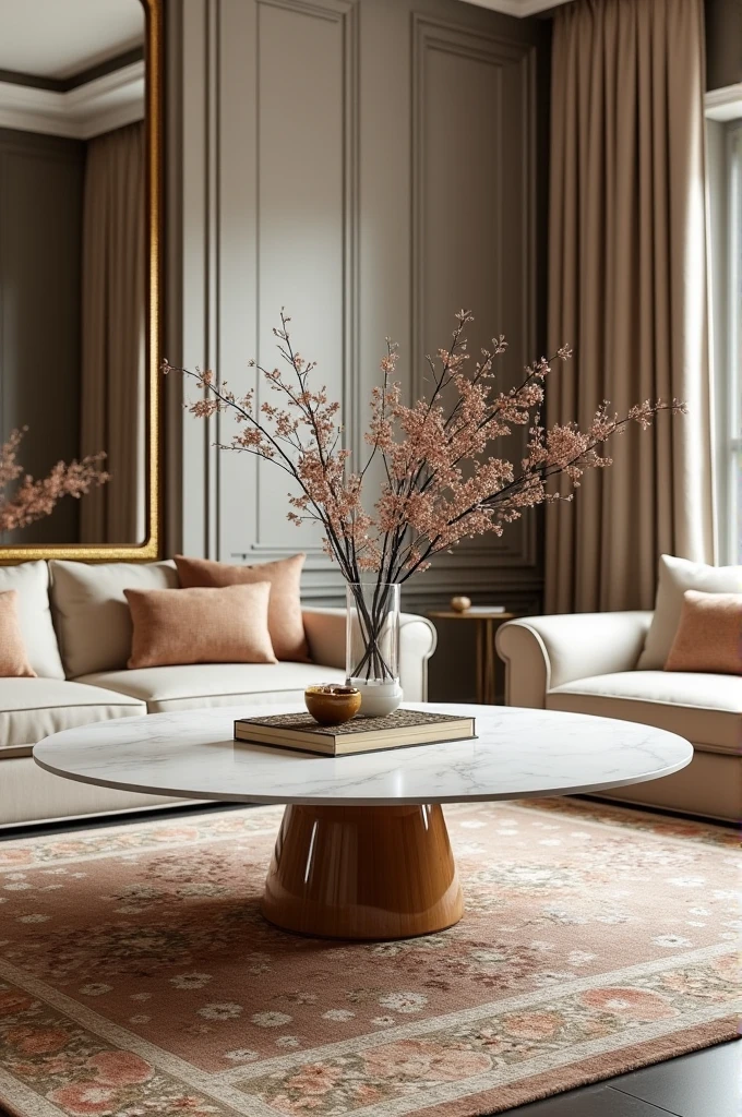 Professional 3d architecture rendering design of modern and  gold French design for living room  with elegant wooden and white marble slab stone middle table with elegant French chairs and silk Persian carpet and elegant curtains and clothes wall 