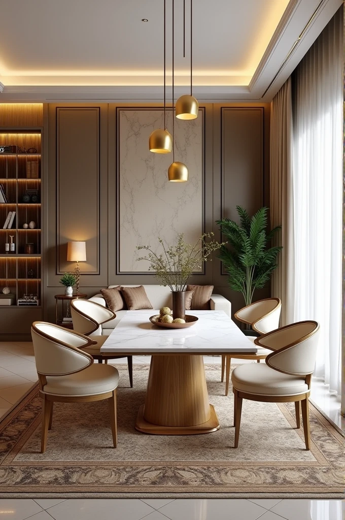 Professional 3d architecture rendering design of modern and gold French design for living room with elegant wooden and white marble slab stone middle table with elegant French chairs and silk Persian carpet and elegant curtains and clothes wall