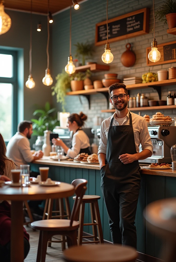 Make a photo of me running a cafe shop
