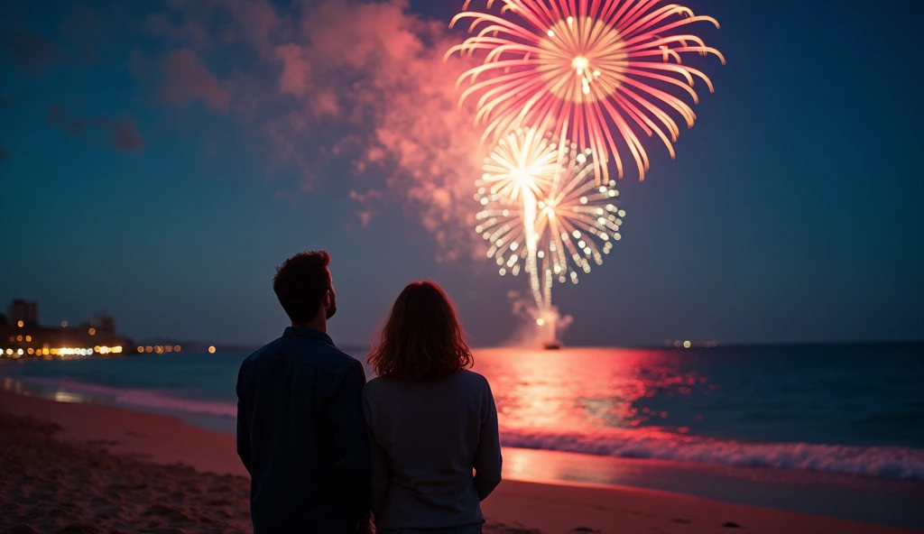 (best quality, masterpiece, ultra detailed, ultra high res, photorealistic, raw photo, absurdres, absolutely resolution), A man and a woman are looking up at fireworks on the beach at night