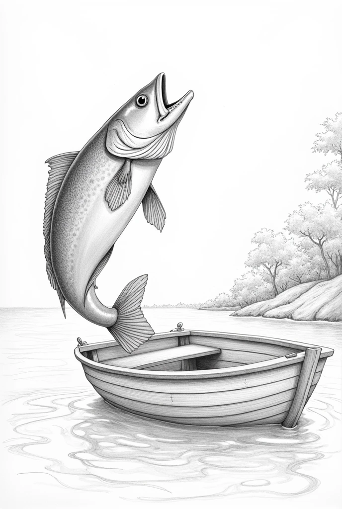 A fish jumping into a boat pencil drawing