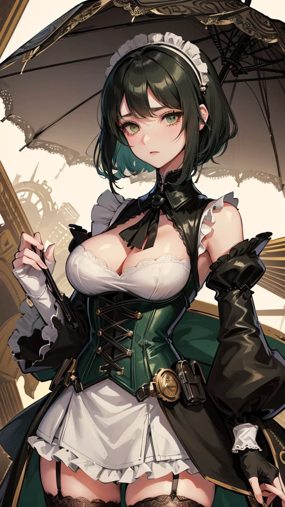 1 girl, anime, high quality, intricate details, black hair, fluffy hair, short hair, elegant, futuristic setting, maid dress, stockings, green streaks in hair, steampunk accessories, stoic expression, lacy umbrella, curvy build, lacy gloves, confident pose, corset, elegant mansion, maid