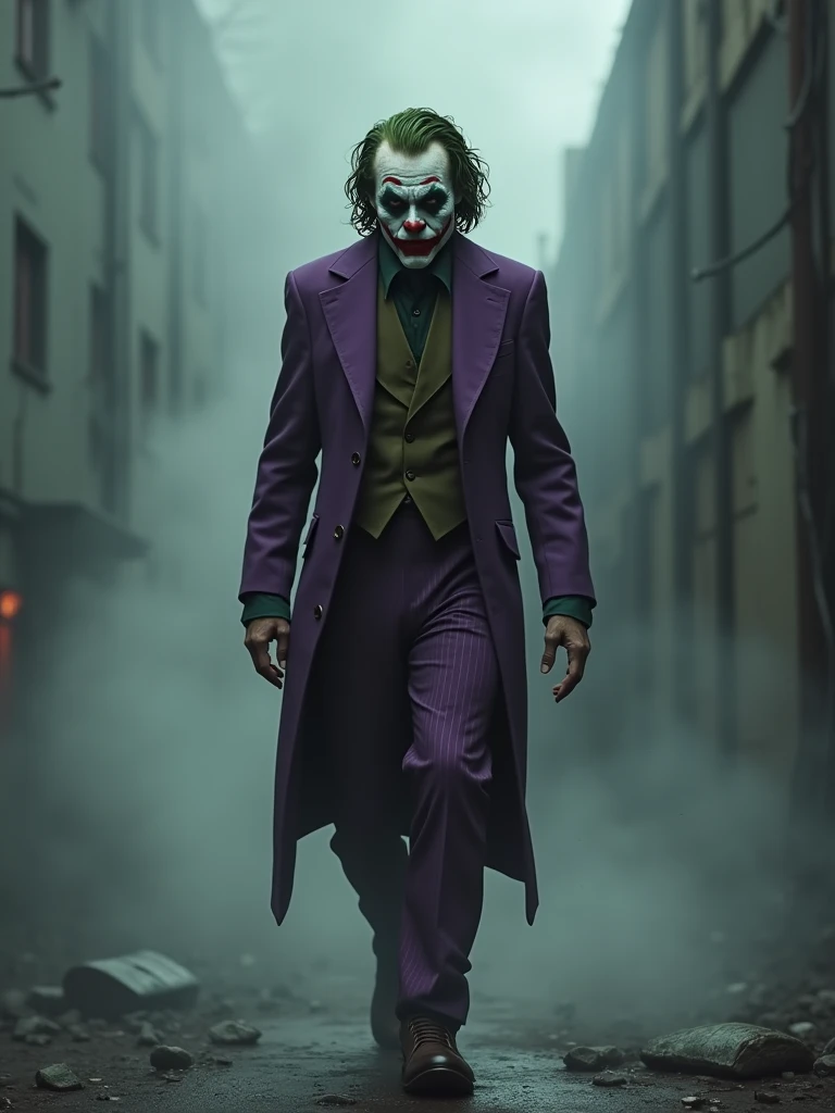 joker sad walking, Sad theme,background smoke, real joker realistic