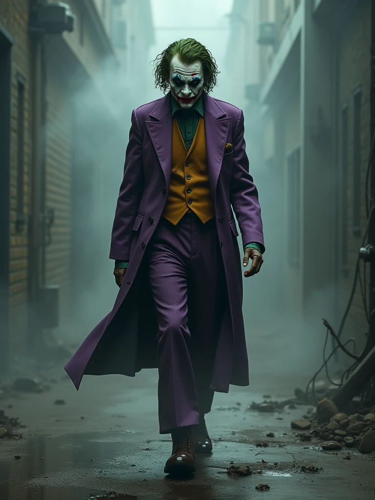 joker sad walking, Sad theme,background smoke, real joker realistic